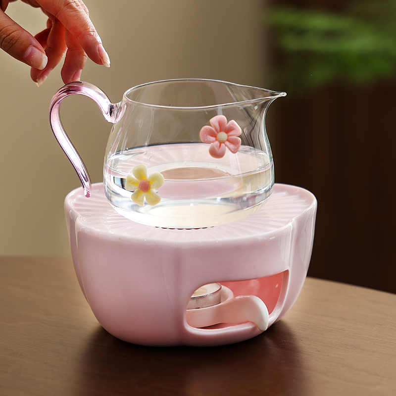 暖茶温茶炉蜡烛加热底座粉色捏花玻璃公道杯温茶器茶壶煮茶炉套装