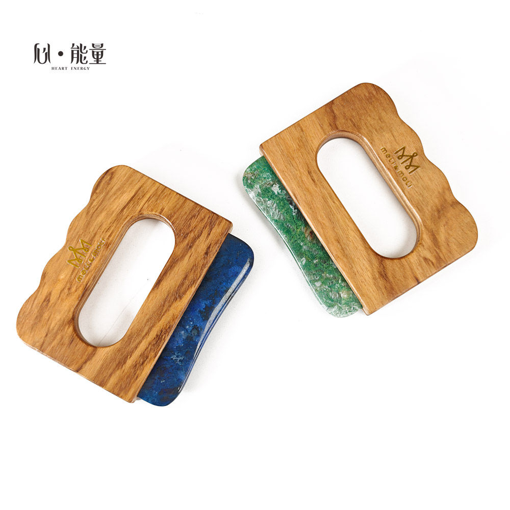 手持大号西非玉和非洲蓝晶石能量按摩刮痧板 实木质+天然宝石