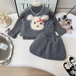 2026秋冬新款女童加厚套装洋气可爱小狗马甲短裙两件套灰色套装
