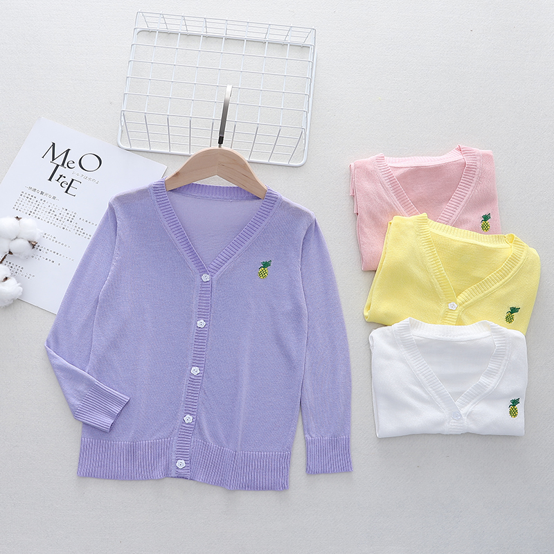 优品上衣女生春夏防晒衣糖果色小女孩可爱刺绣针织衫薄款V领开衫
