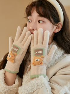 冬天手套可爱女生可爱白色毛绒女秋冬季骑车加厚保暖防寒分指骑行