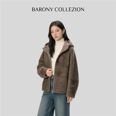 BARONY【86082】泰迪拉贡LACON短款进口皮毛一体外套高端皮草冬季