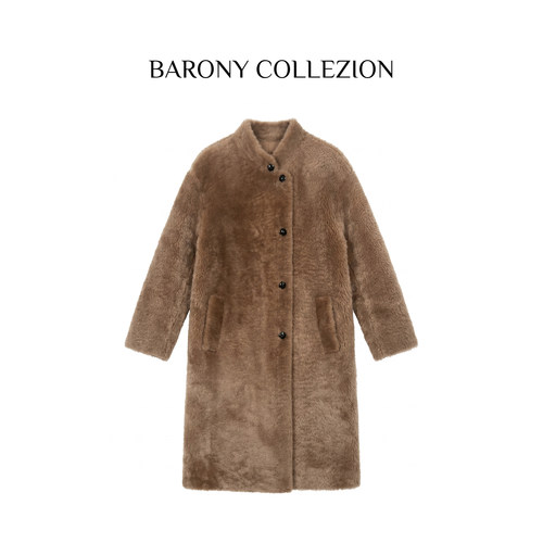 BARONY韩版立领A版大衣美利奴皮毛一体外套长款风衣皮草【98730