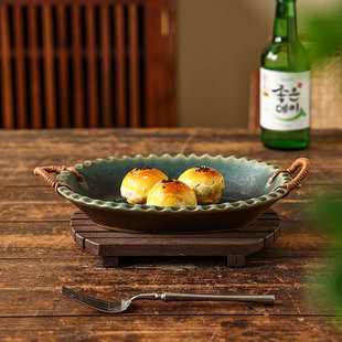 池上之家 麻绳双耳粗陶深盘大号盘子菜盘家用日式复古餐具创意