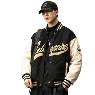 美式高街毛巾绣棒球服夹克男春秋季休闲宽松复古飞行员麂皮绒外套