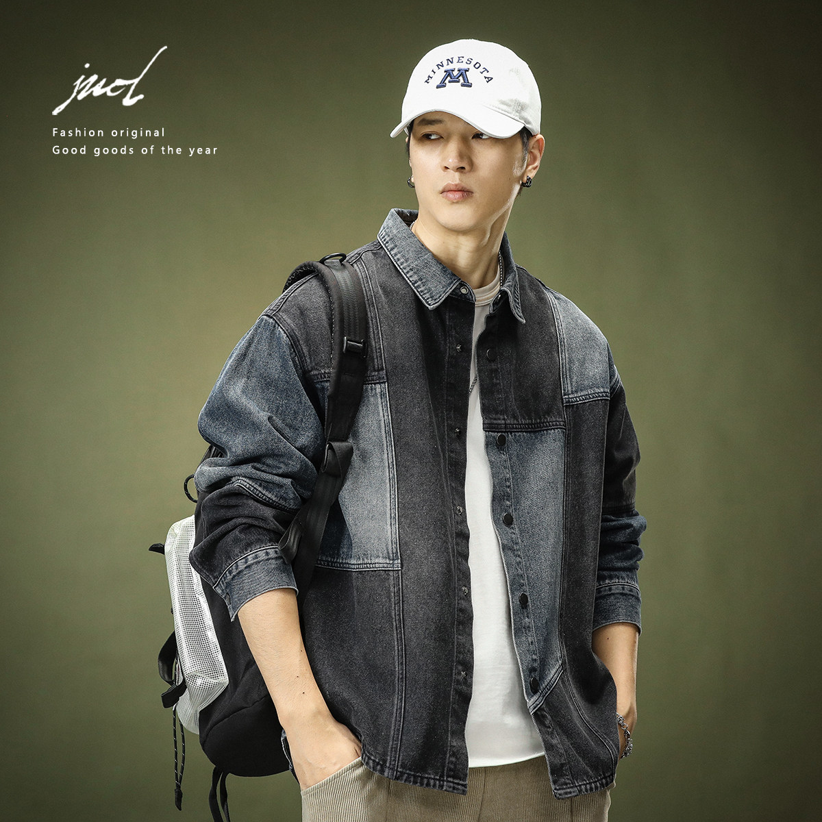 美式拼接牛仔衬衫外套男潮牌痞帅