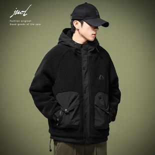 冬季加厚保暖羊羔绒棉服外套男连帽2025新款黑色潮流高端棉衣夹克