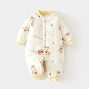婴儿150克夹棉连体衣宝宝加棉加厚棉服哈衣对开爬服婴幼连身哈衣