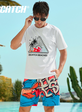 夏季大码运动沙滩T恤衫海边度假情侣短袖套装温泉上衣宽松体恤男