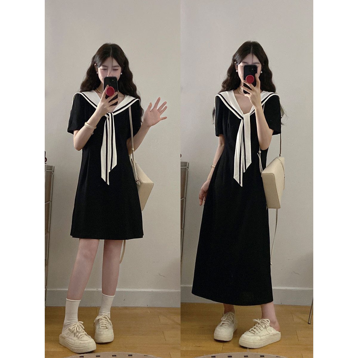 现货大码女装夏季韩系海军领学院风短袖连衣裙胖MM显瘦气质裙子