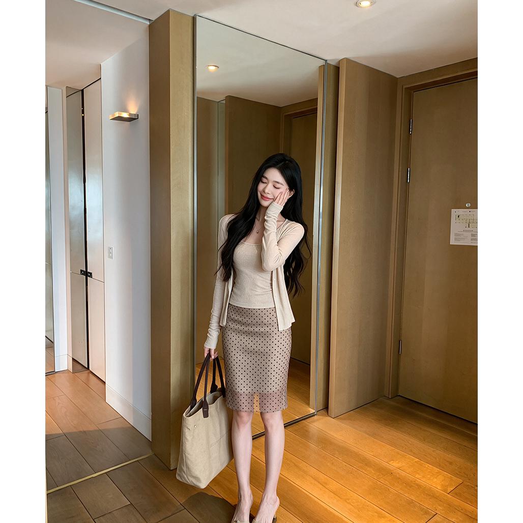 大码胖MM长袖开衫内搭吊带背心女秋季温柔套装波点包臂中裙三件套