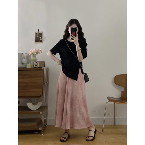 大码女装夏季新款休闲百搭不规则开叉短袖T恤+半身裙两件套