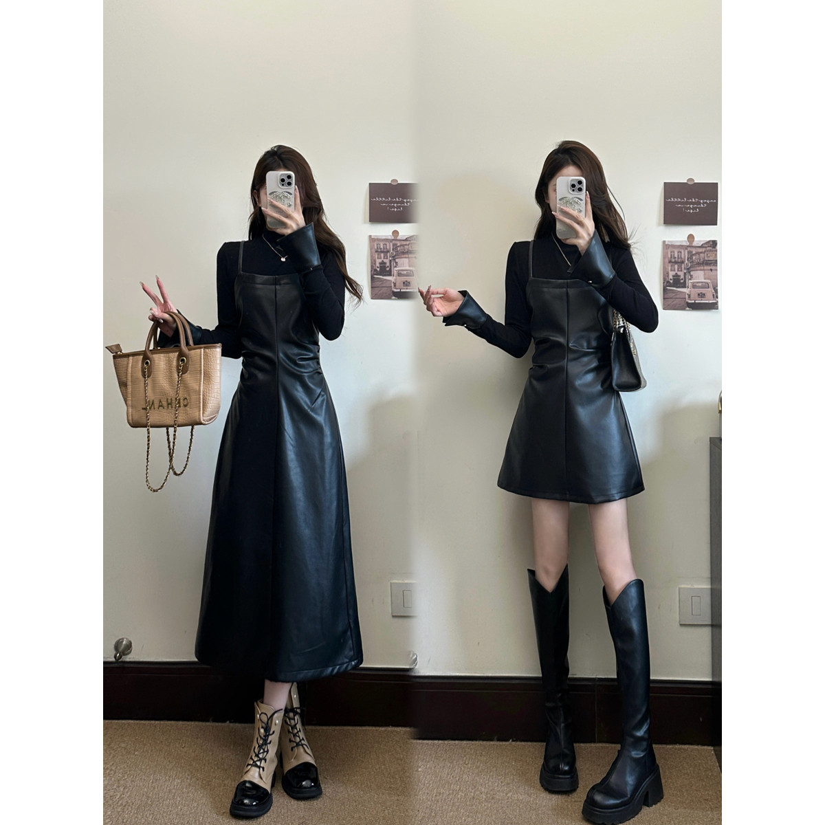 现货大码女装假两件辣妹气质拼皮收腰显瘦连衣裙胖MM时尚连衣裙