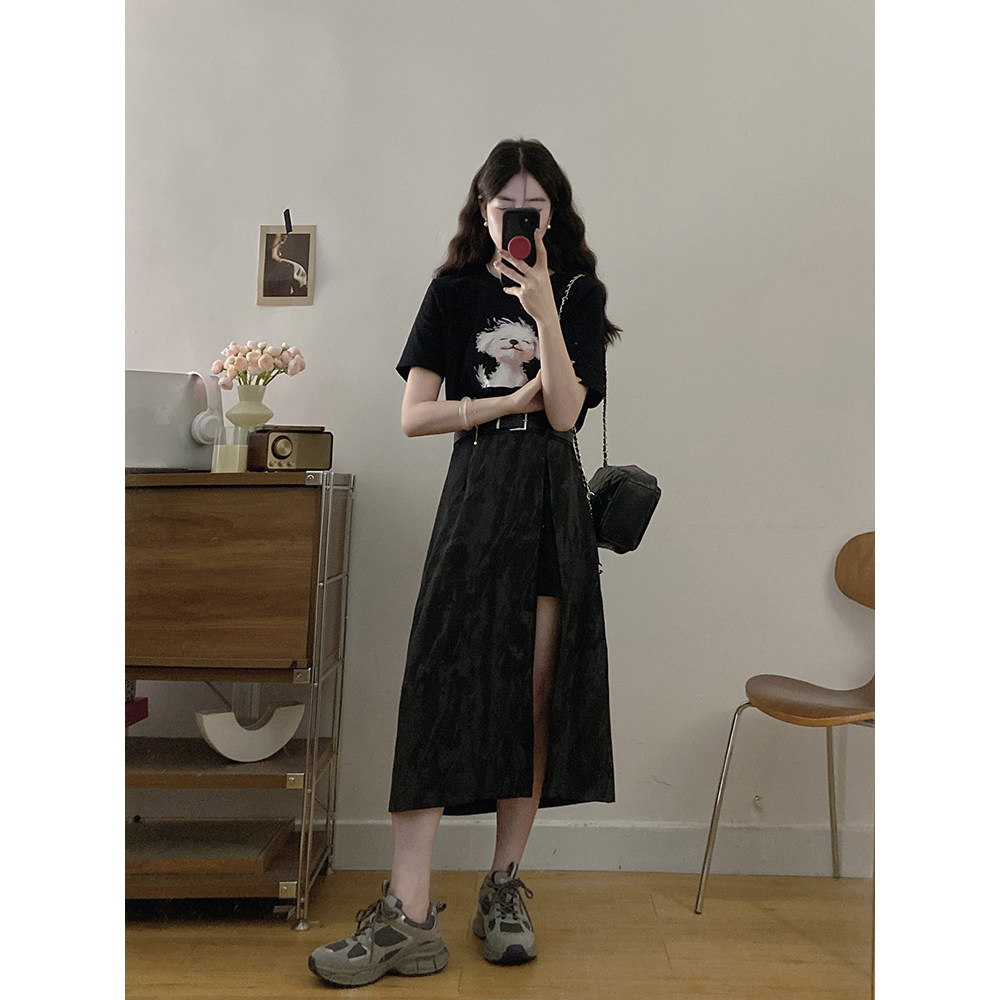 大码女装自由时刻假两件连衣裙卡通T恤拼接水墨印染连衣裙