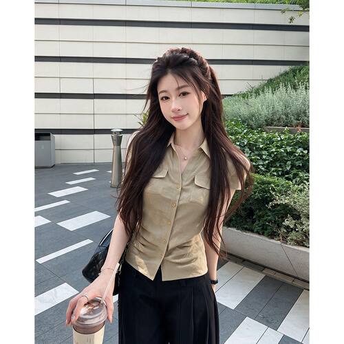 大码胖MM高级感收腰显瘦口袋短袖上衣夏季衬衫女衬衣