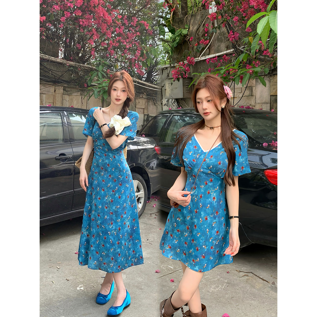 现货大码女装碎花V领雪纺收腰短袖闺蜜连衣裙胖MM藏肉系带显瘦裙