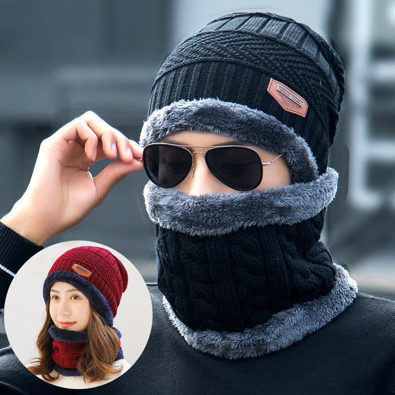 保暖帽子女冬加绒加厚两件套户外骑行防寒毛线套头围脖防寒帽老人