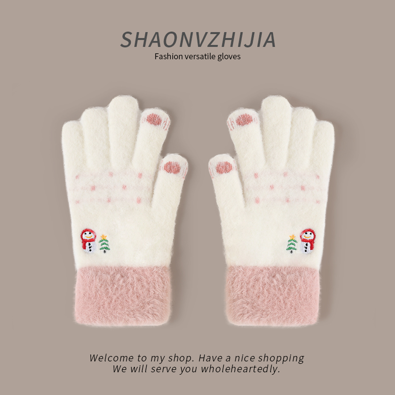新款雪人针织毛线手套女冬季可爱学生骑行保暖防寒五指加厚可触屏