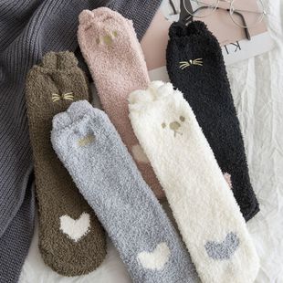 秋冬加绒加厚保暖睡眠地板袜卡通孕妇月子袜脚套珊瑚绒袜子女可爱