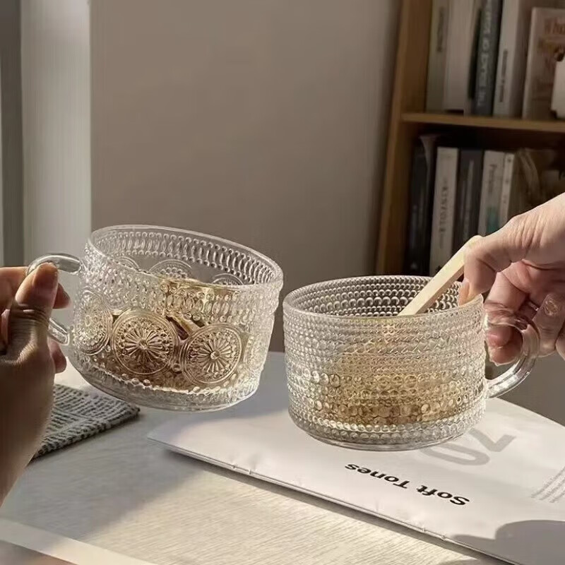 复古浮雕燕麦早餐玻璃杯大容量麦片牛奶网红早餐杯时尚家用97369