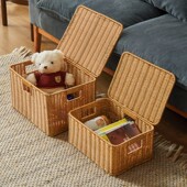 编织收纳筐带盖家用防尘杂物收纳篮零食筐仿藤编置物筐卫生间篮子