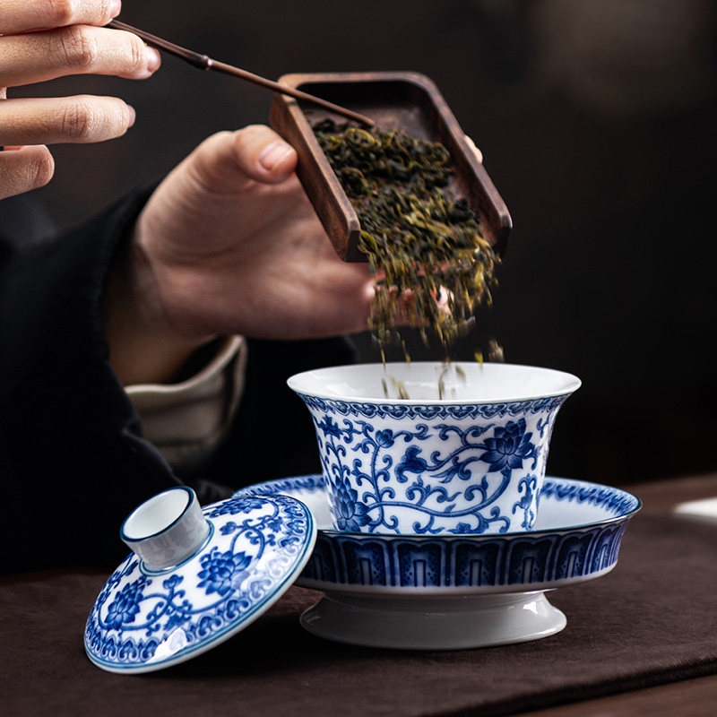 陶瓷青花三才盖碗单个大号泡茶专用泡茶碗带盖家用功夫茶具敬茶杯,餐饮具,盖碗,淘宝优惠券,粉丝福利购,淘宝优惠卷