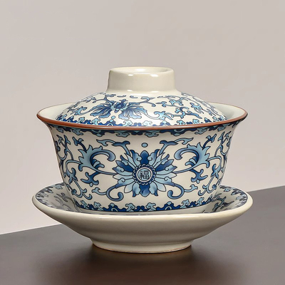 汝窑盖碗三才茶碗带盖茶杯单个高档青花茶具功夫茶泡茶三件套套装