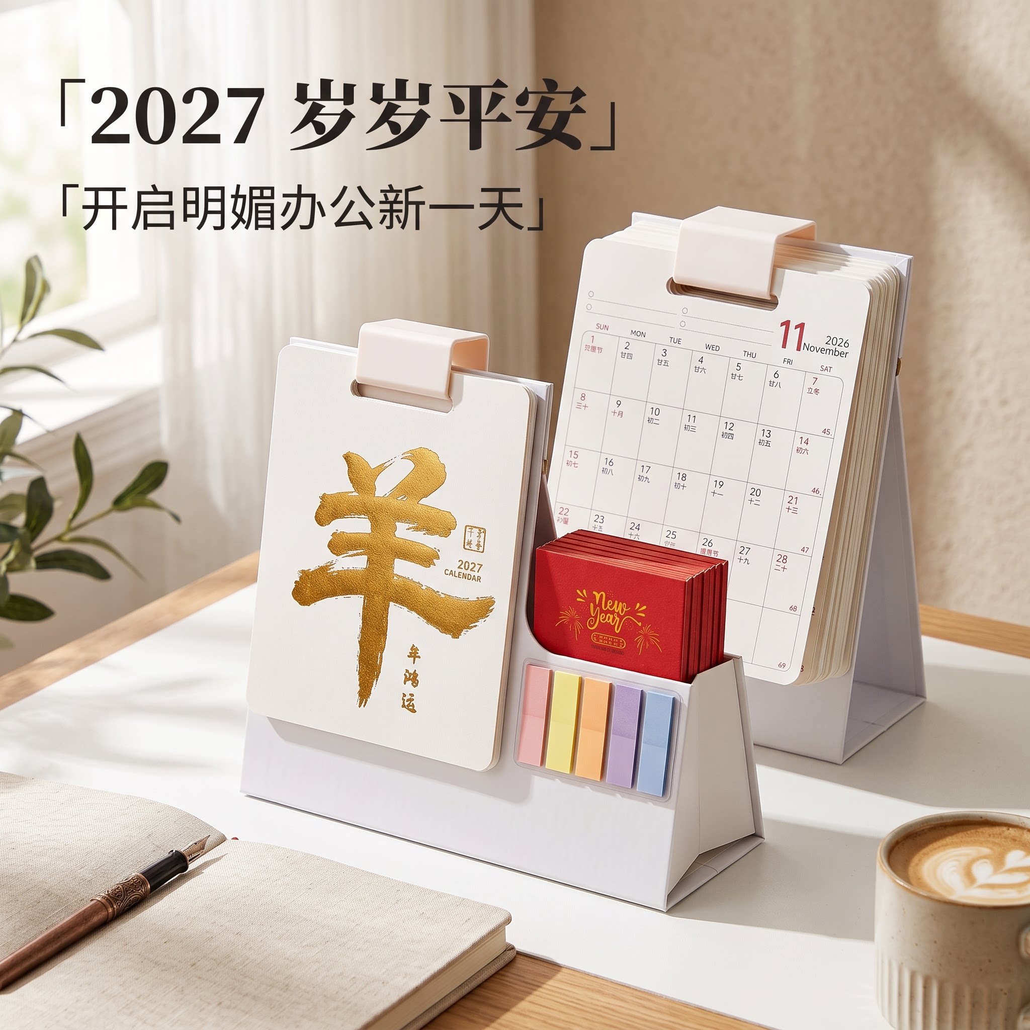2027年台历活页纸架笔筒桌面摆件收纳创意定制款简约翻页立式商务办公文具新年礼品送客户公司办公室学生学校图片