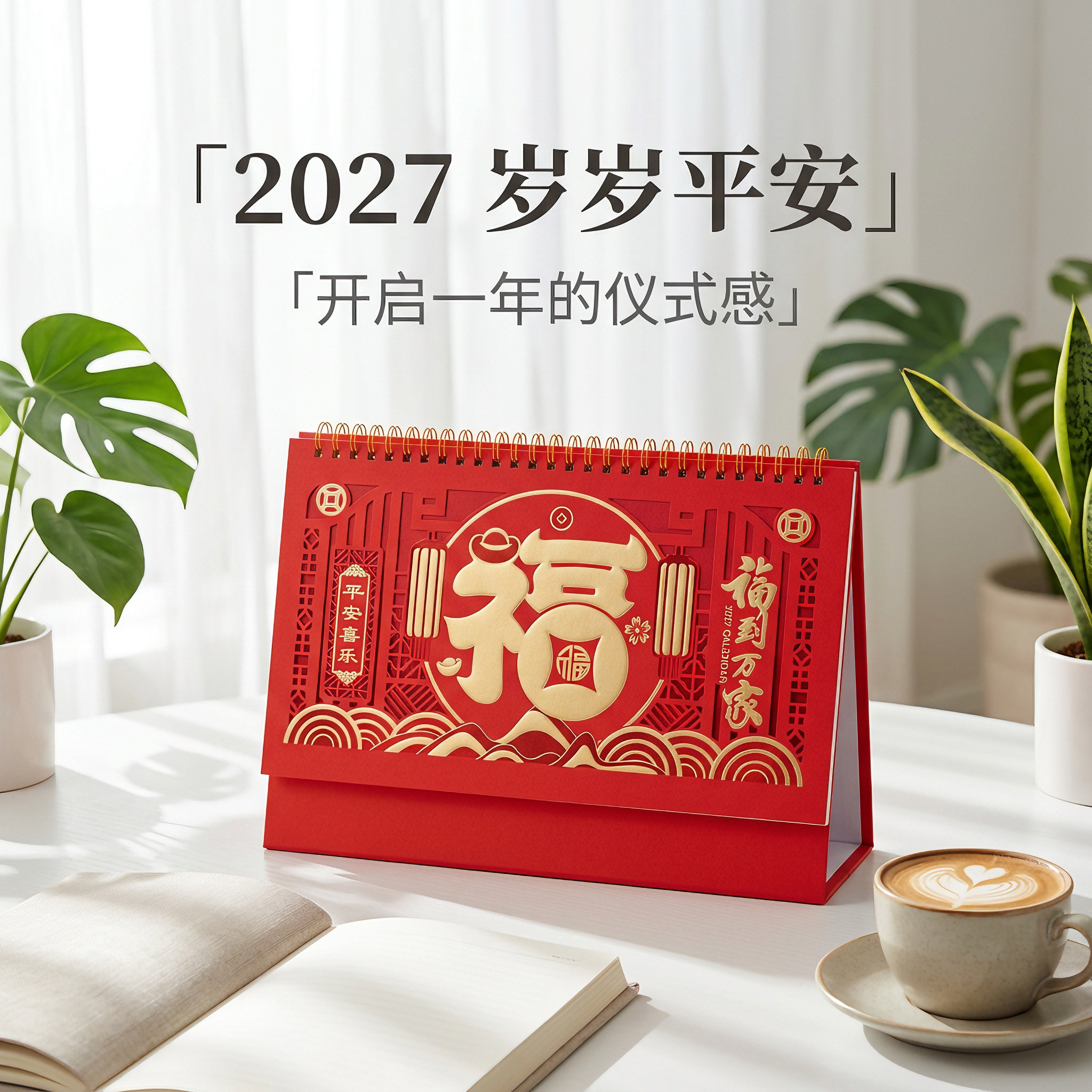 2027羊年镂空烫金台历喜庆红线圈台历企业广告台历定制可印 LOGO 新年商务桌面月历摆件公司年会周年纪念礼品