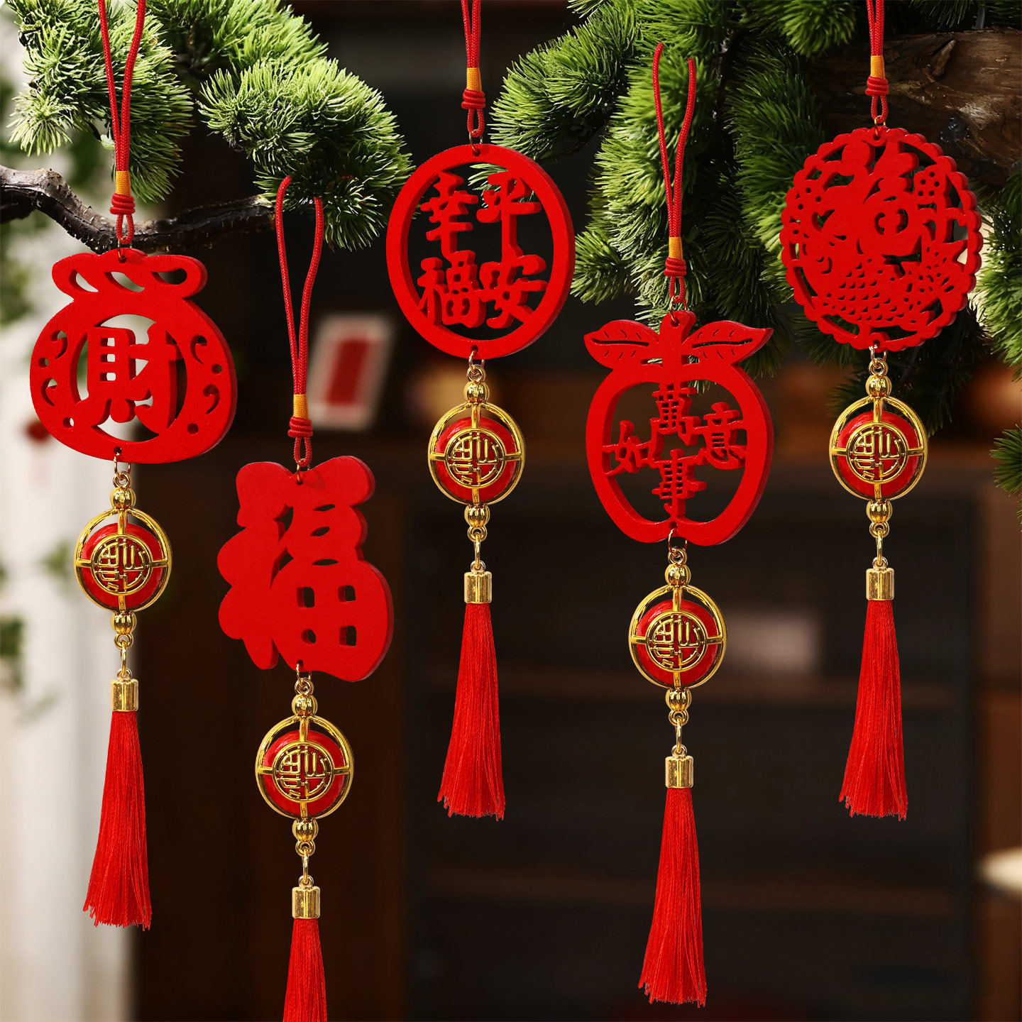 新年木质挂件装饰盆景挂树上绿植