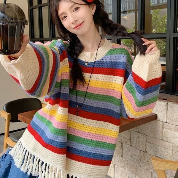 大码彩虹条纹流苏长袖毛衣女秋冬微胖宽松显瘦遮肉中长款针织上衣