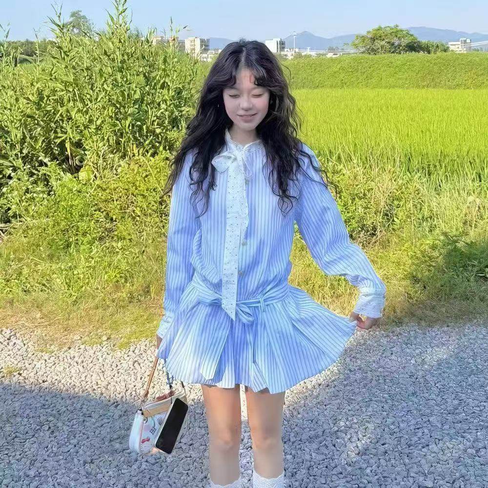 结系带收腰显瘦衬衫连衣裙女春夏学生学院风拼接撞色长袖女装,女装/女士精品,连衣裙,淘宝优惠券,粉丝福利购,淘宝优惠卷