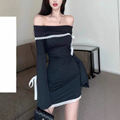 春装 包臀短裙 连衣裙女性感喇叭袖 法式 气质蕾丝拼接一字肩黑色长袖