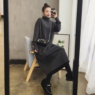 早秋连衣裙慵懒风过膝毛衣女修身高领针织连衣裙设计感 女装