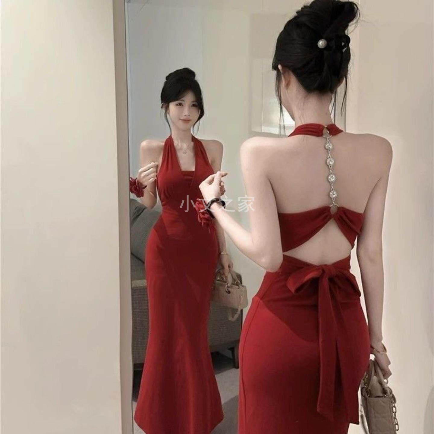 夏季新款辣妹连衣裙链条绑带鱼尾