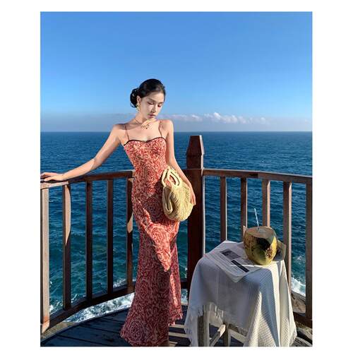 海边度假风复古印花吊带连衣裙女