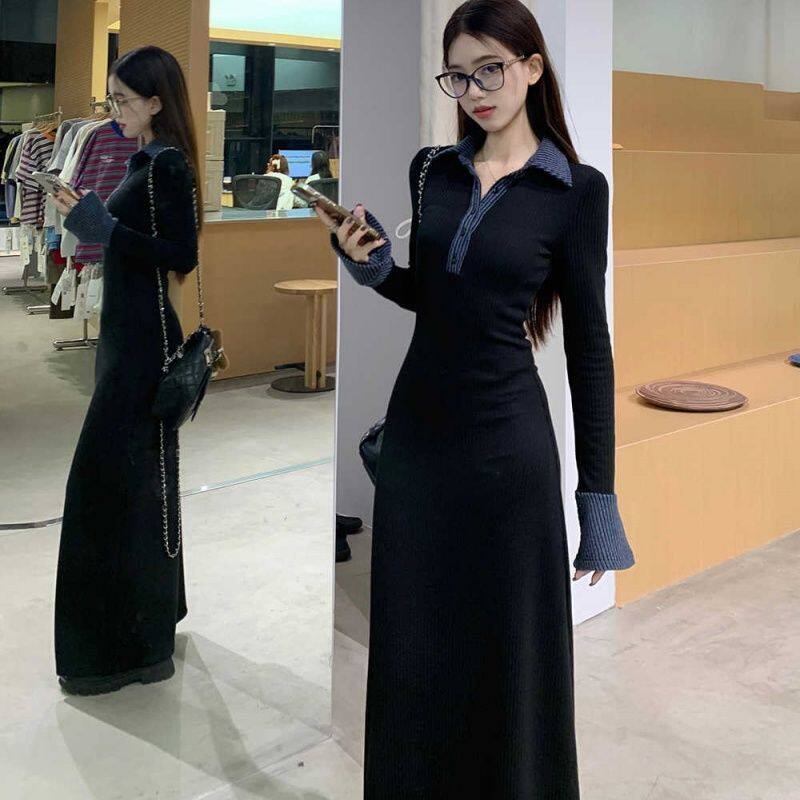 韩系黑色polo领针织连衣裙女秋冬大衣内搭修身收腰气质打底长裙子