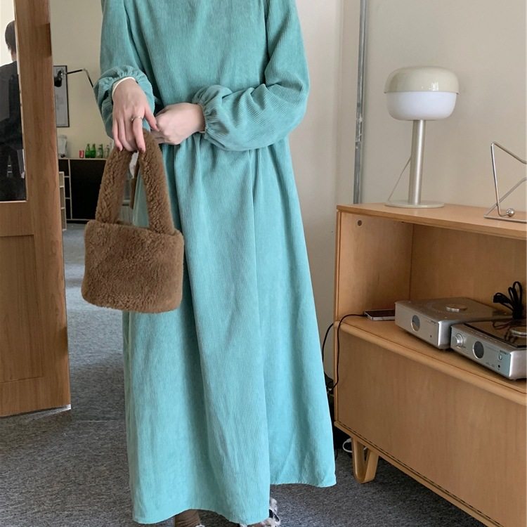 秋装新款灯芯绒 连衣裙女洋气收腰灯笼袖淑女A字裙子宽松长裙