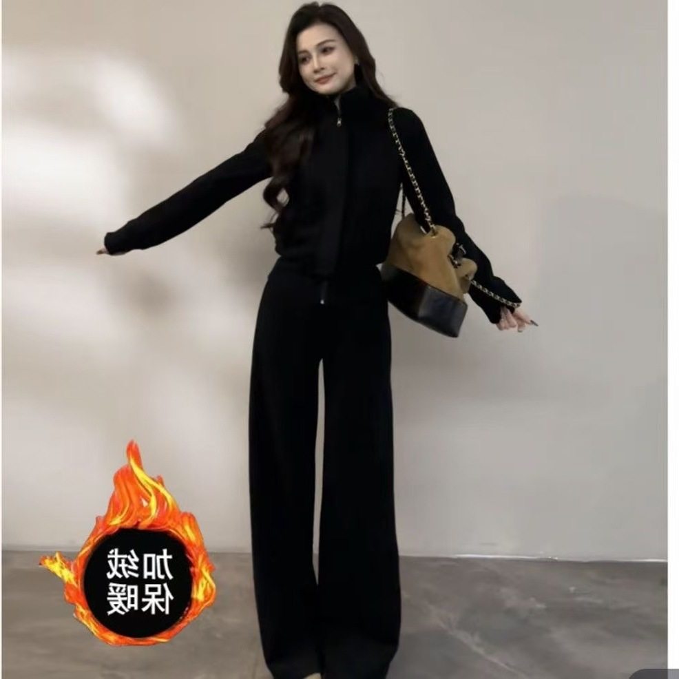 冬季穿搭一整套女高级感新款立领加厚加绒卫衣+阔腿裤两件套