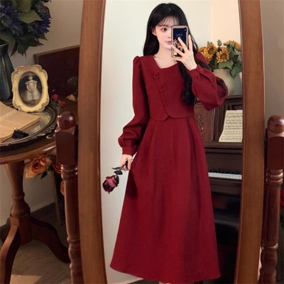 大码法式复古赫本风红色连衣裙