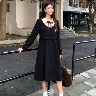 高级大码感假法式香风新款灯芯绒秋冬假两件学院蝴蝶结连衣裙裙子