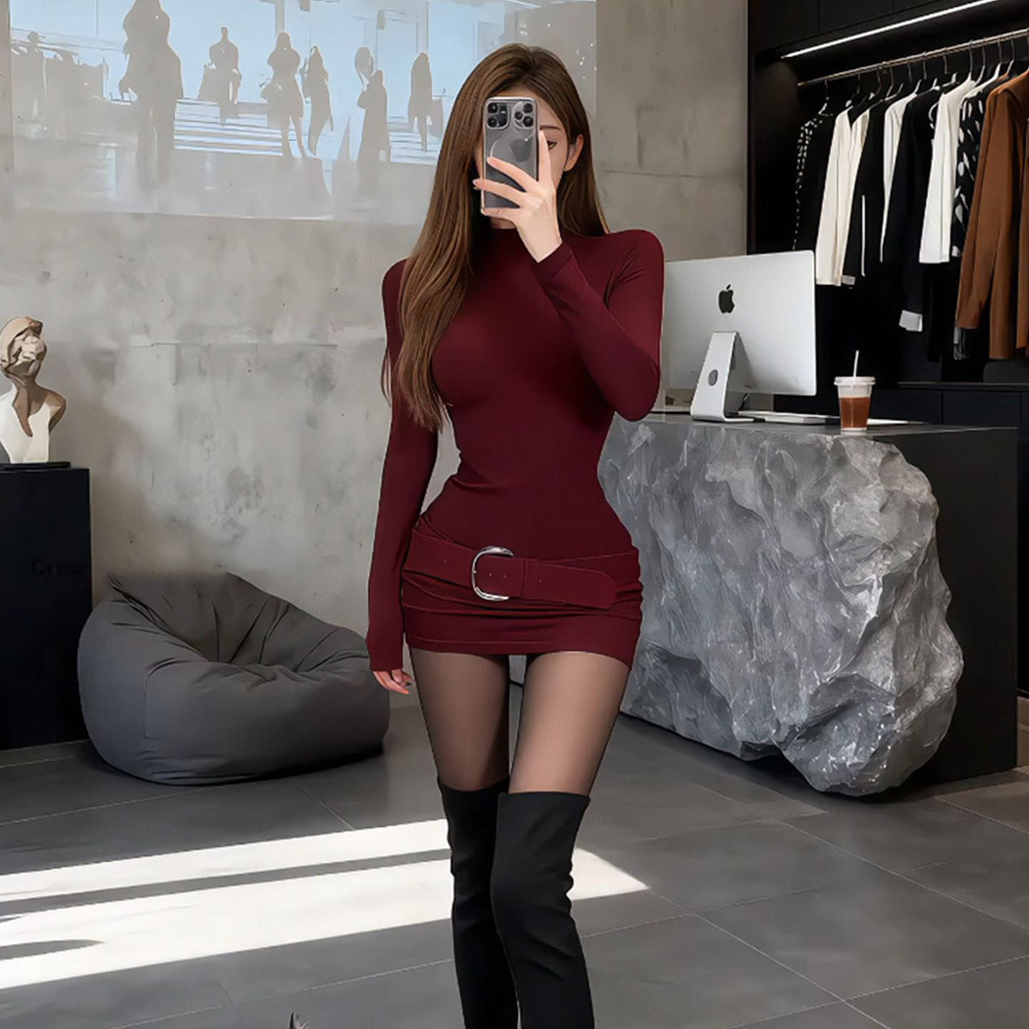 秋冬季新款纯欲辣妹高领收腰纯色连衣裙内搭显瘦弹力百搭包臀短裙