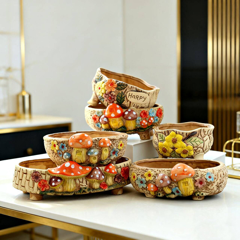 多肉花盆大口径陶瓷彩色手绘特大号粗陶有孔花盆特价包邮小蘑菇盆