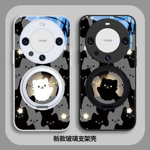 适用华为pura70pro手机壳mate60情侣50自带支架nova14ultra指环扣13卡通可爱荣耀400满屏猫咪黑色Magic7玻璃6