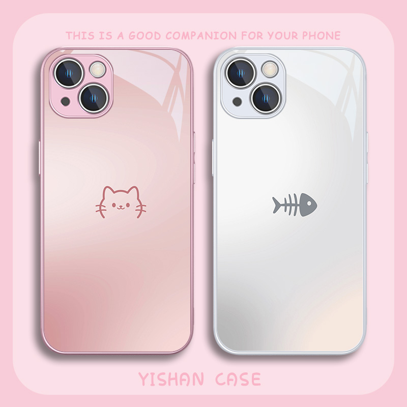 适用苹果猫咪鱼骨情侣简约手机壳