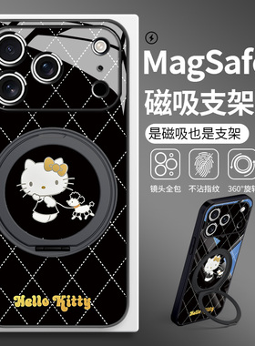 Hellokitty猫适用苹果17air支点手机壳iphone16pro新款14磁吸MagSafe带支架13凯蒂猫15promax黑金kt猫12黑色