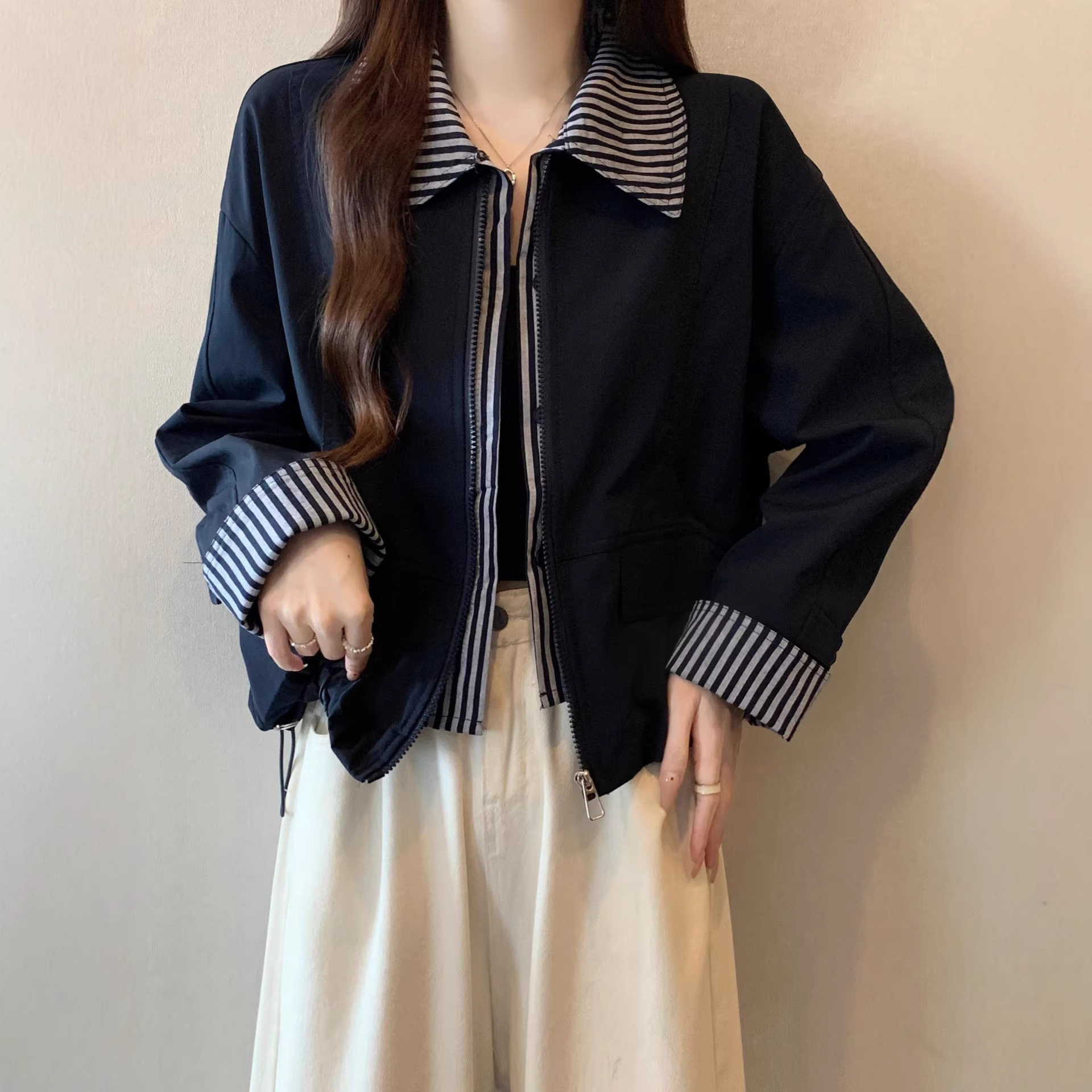 假两件藏蓝色正肩长袖外套女春装大码胖mm韩系chic小个子短款夹克