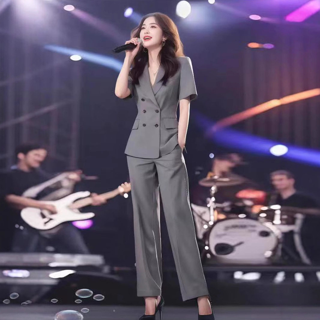 XZ188-夏薄西装直筒裤套装大码女装胖MM短袖职业面试工作服外套