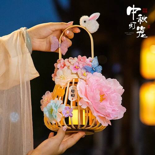 中秋节藤编灯笼玉兔手提发光花灯儿童手工diy材料包新款拍照道具