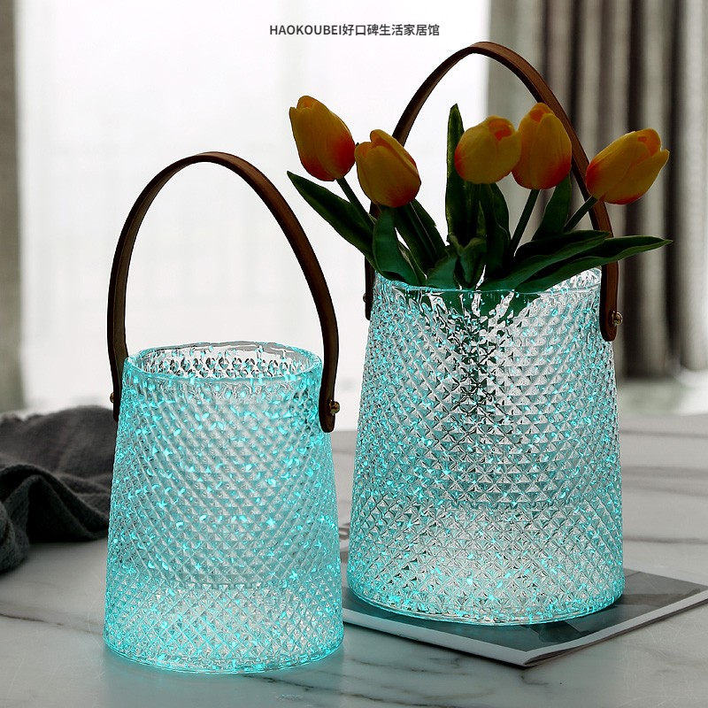 美式田园创意夜光手提花瓶玻璃水养插花玫瑰百合客厅餐桌装饰摆件